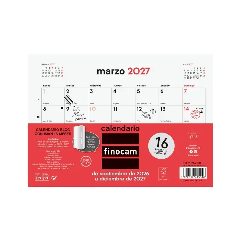 Finocam Neutro Bloc Calendario con Iman - 16 Meses - Mes Vista - Formato S - 210x150mm - Listado de Festivos - Papel de 120g/m2