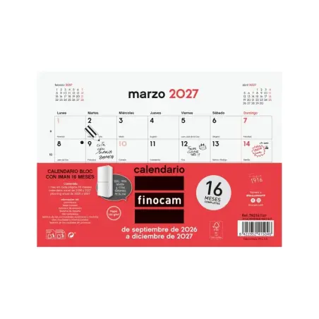 Finocam Neutro Bloc Calendario con Iman - 16 Meses - Mes Vista - Formato S - 210x150mm - Listado de Festivos - Papel de 120g/m2
