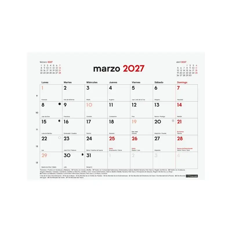 Finocam Neutro Bloc Calendario con Iman - 16 Meses - Mes Vista - Formato S - 210x150mm - Listado de Festivos - Papel de 120g/m2