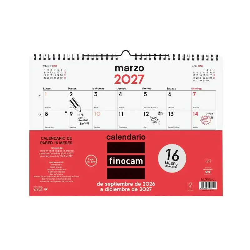 Finocam Neutro Calendario de Pared - 16 Meses - Mes Vista - Formato L - 340x240mm - Espiral Doble Metalica - Papel de 120g/m2 -