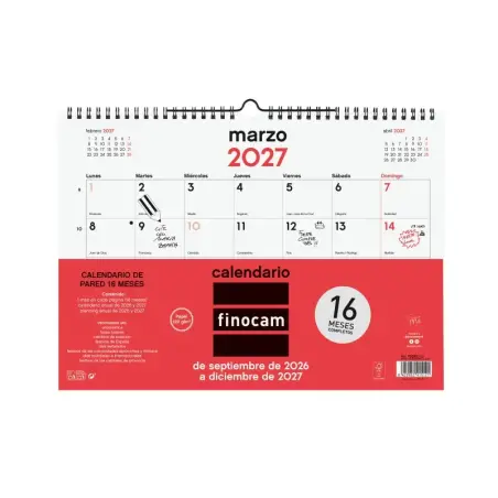 Finocam Neutro Calendario de Pared - 16 Meses - Mes Vista - Formato L - 340x240mm - Espiral Doble Metalica - Papel de 120g/m2 -