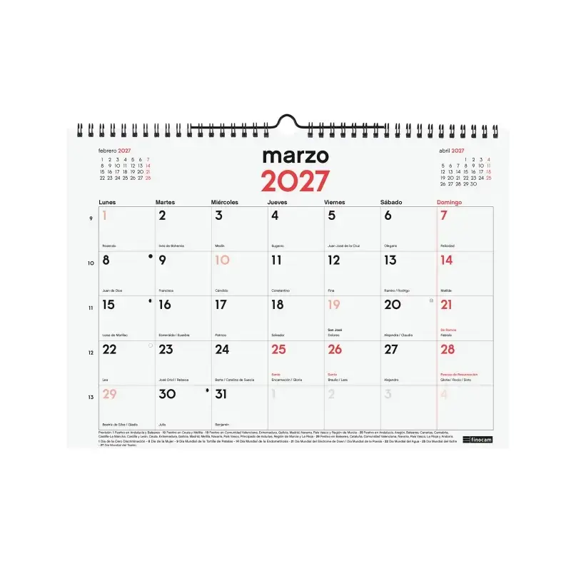 Finocam Neutro Calendario de Pared - 16 Meses - Mes Vista - Formato L - 340x240mm - Espiral Doble Metalica - Papel de 120g/m2 -