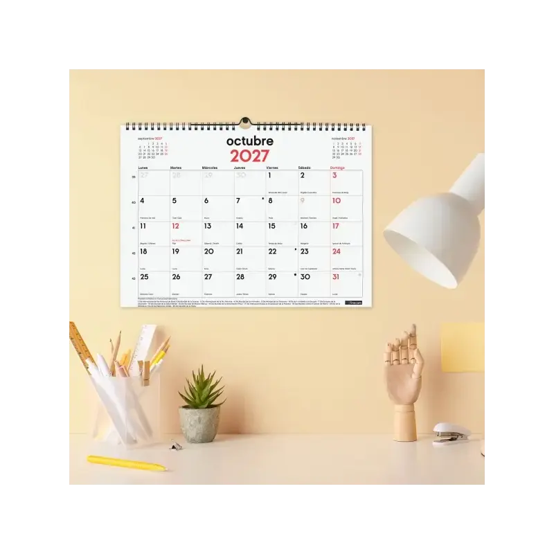 Finocam Neutro Calendario de Pared - 16 Meses - Mes Vista - Formato L - 340x240mm - Espiral Doble Metalica - Papel de 120g/m2 -