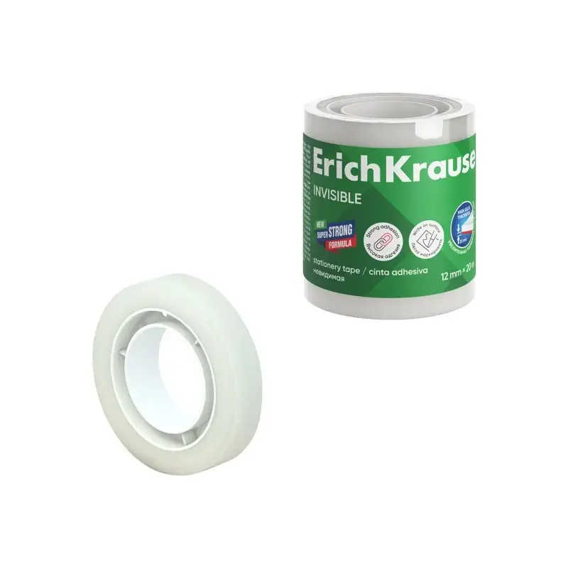 ErichKrause Cinta Adhesiva Invisible 12mmx20m - Superficie Mate - Apta para Escribir Encima - Transparente | Ahorro Imprimiendo