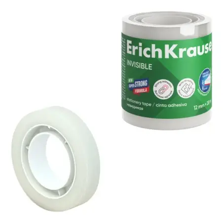 ErichKrause Cinta Adhesiva Invisible 12mmx20m - Superficie Mate - Apta para Escribir Encima - Transparente | Ahorro Imprimiendo