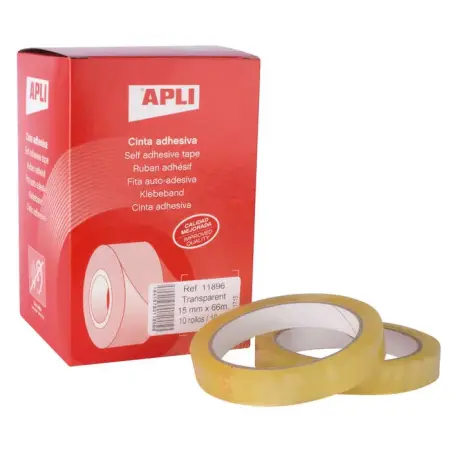 Apli Cinta Adhesiva Transparente 15mm x 66m - Resistente al Agua y a la Intemperie - Facil de Cortar con las Manos - Ideal para