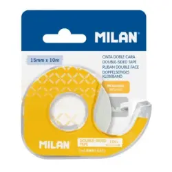 Milan Portarrollos con Cinta Adhesiva de Doble Cara - Hoja de Corte Metalica - 15mm x 10m - Color Amarillo | Ahorro Imprimiendo