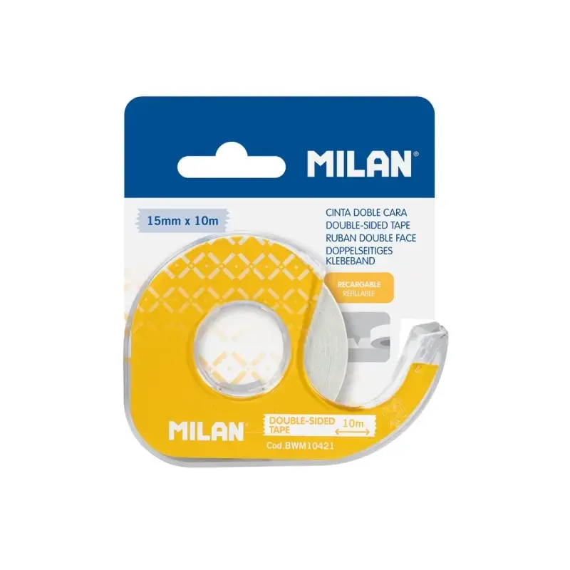 Milan Portarrollos con Cinta Adhesiva de Doble Cara - Hoja de Corte Metalica - 15mm x 10m - Color Amarillo | Ahorro Imprimiendo