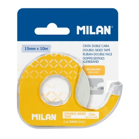 Milan Portarrollos con Cinta Adhesiva de Doble Cara - Hoja de Corte Metalica - 15mm x 10m - Color Amarillo | Ahorro Imprimiendo