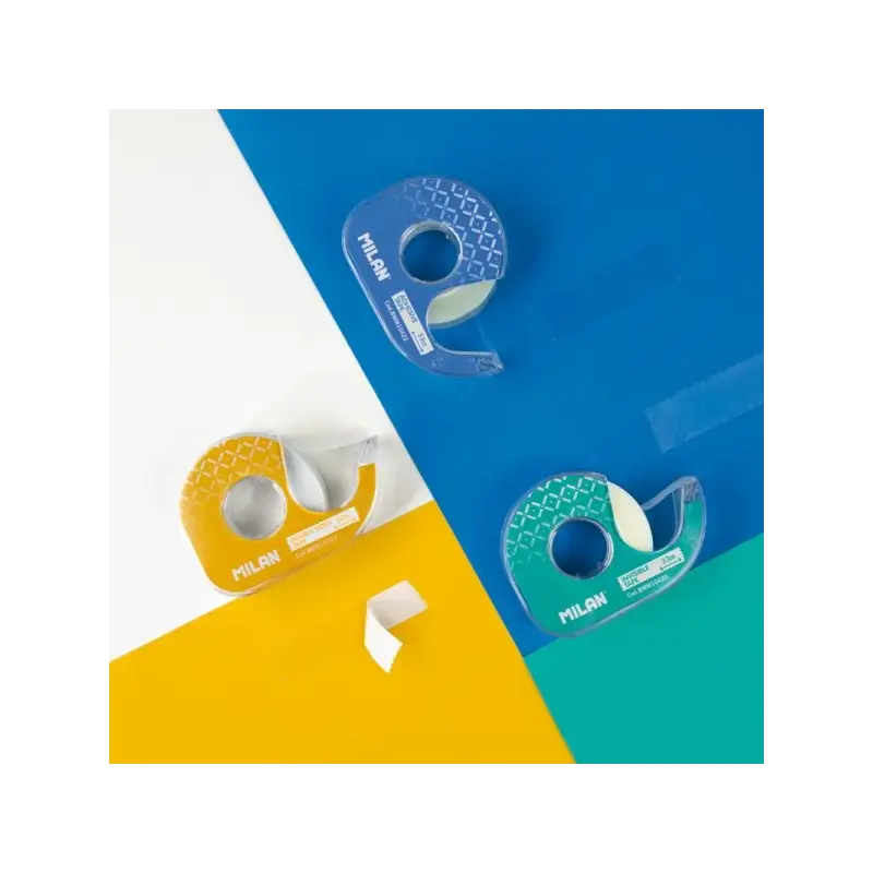 Milan Portarrollos con Cinta Adhesiva de Doble Cara - Hoja de Corte Metalica - 15mm x 10m - Color Amarillo | Ahorro Imprimiendo