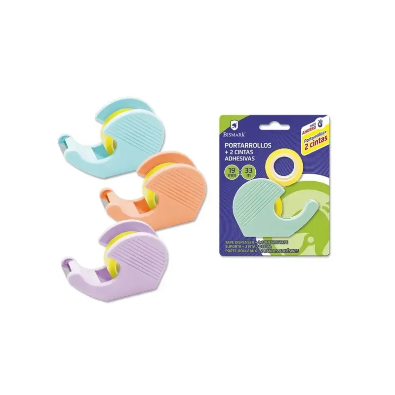 Bismark Pack de Portarrollos con 2 Cintas Adhesivas 19mmx33m - Cuerpo de Plastico - Ideal para Uso Escolar - Colores Pastel Alea