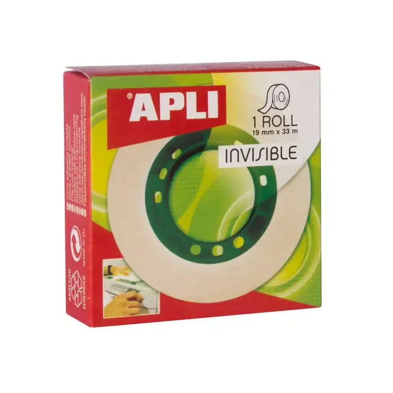 Apli Cinta Adhesiva Invisible 19mm x 33m - Facil de Cortar - Resistente - Ideal para Uso en Oficina - Transparente | Ahorro Impr
