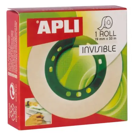 Apli Cinta Adhesiva Invisible 19mm x 33m - Facil de Cortar - Resistente - Ideal para Uso en Oficina - Transparente | Ahorro Impr