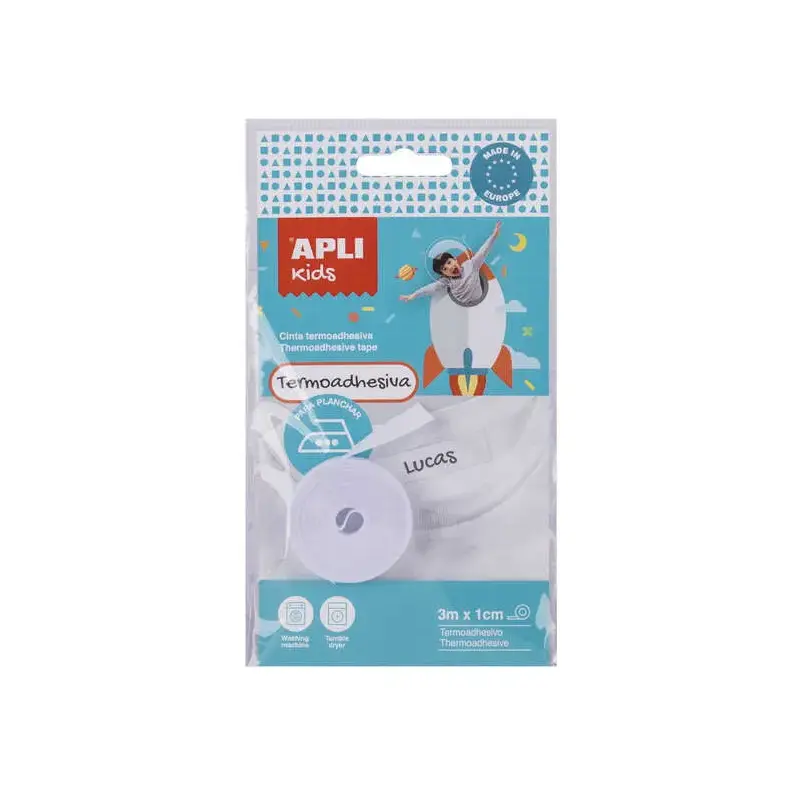 Apli Cinta Termoadhesiva para Marcar Ropa - 10mmx3m - 70% Poliester y 30% Algodon - Resistente a Lavadora y Secadora - Facil Uso