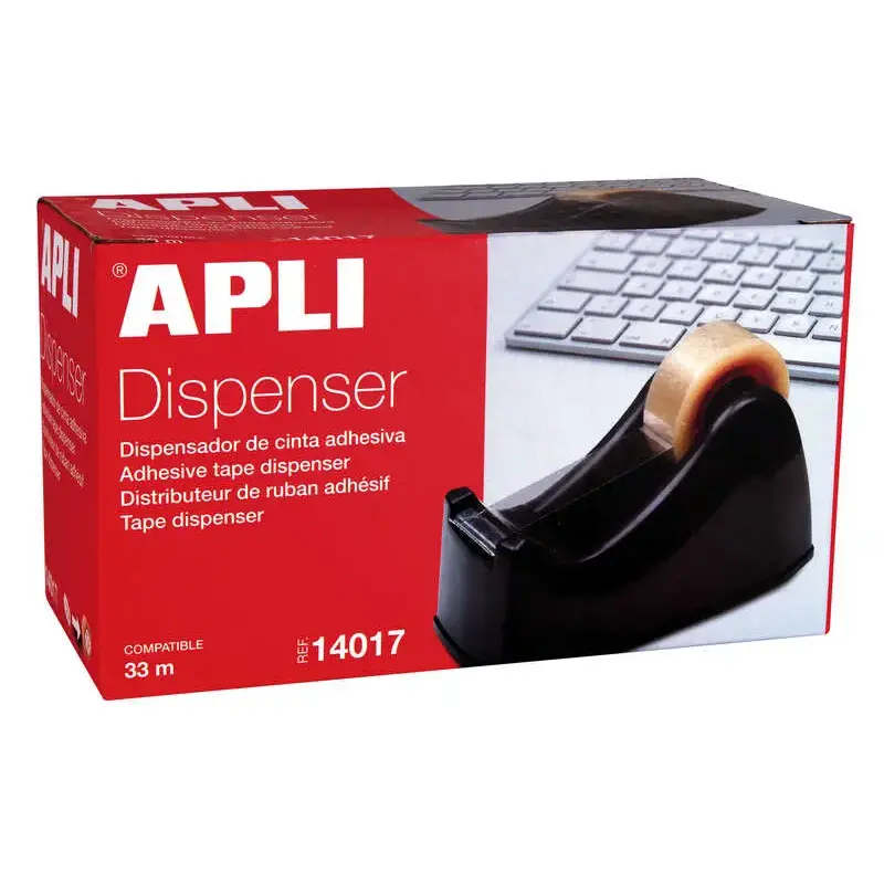 Apli Office Porta Cinta para Rollos de 33mm - Cuchilla Metalica Dentada - Facil de Usar - Resistente y Duradero - Color Negro |