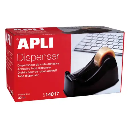 Apli Office Porta Cinta para Rollos de 33mm - Cuchilla Metalica Dentada - Facil de Usar - Resistente y Duradero - Color Negro |