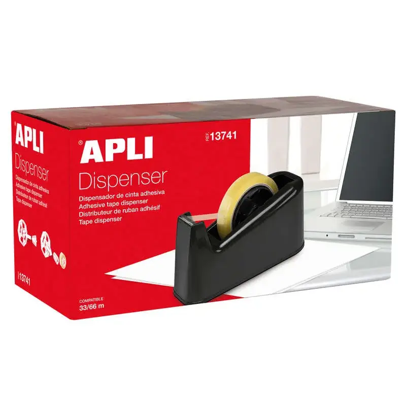 Apli Trade Portarrollos para Cinta Adhesiva de 33 y 66 Metros - Cuchilla Dentada - Base de Goma Antideslizante - Color Negro | A