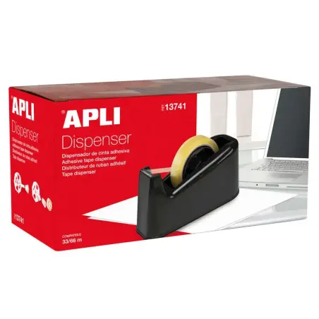 Apli Trade Portarrollos para Cinta Adhesiva de 33 y 66 Metros - Cuchilla Dentada - Base de Goma Antideslizante - Color Negro | A