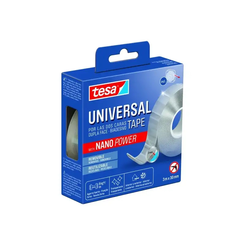 Tesa Cinta Universal de Doble Cara con Nano Power 30mm x 3 Metros - Soporta Cargas Pesadas - Puede Retirarse sin Dejar Residuos