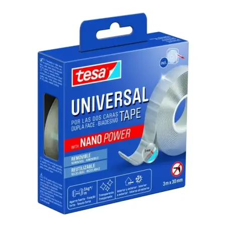 Tesa Cinta Universal de Doble Cara con Nano Power 30mm x 3 Metros - Soporta Cargas Pesadas - Puede Retirarse sin Dejar Residuos