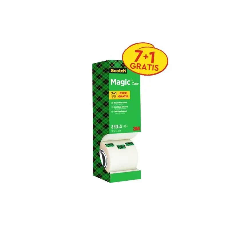 Scotch Magic Pack Ahorro de 8 Rollos de Cinta Adhesiva Invisible 19mm x 33m - Color Transparente | Ahorro Imprimiendo