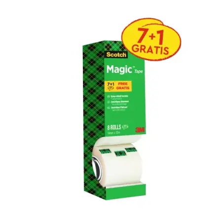Scotch Magic Pack Ahorro de 8 Rollos de Cinta Adhesiva Invisible 19mm x 33m - Color Transparente | Ahorro Imprimiendo
