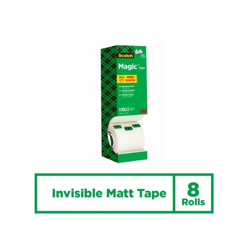 Scotch Magic Pack Ahorro de 8 Rollos de Cinta Adhesiva Invisible 19mm x 33m - Color Transparente | Ahorro Imprimiendo
