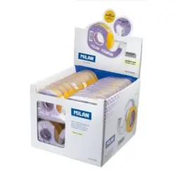 Milan Expositor de 36 Cintas Adhesivas Transparentes con Dispensador - Medidas 12mm x 33m - Color Amarillo Transparente | Ahorro