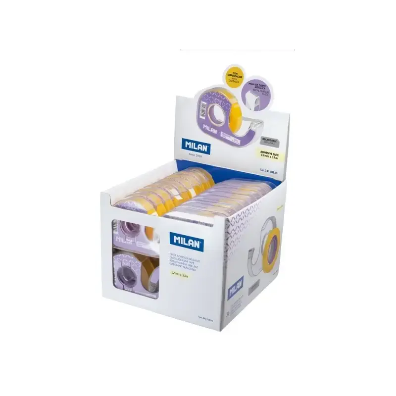 Milan Expositor de 36 Cintas Adhesivas Transparentes con Dispensador - Medidas 12mm x 33m - Color Amarillo Transparente | Ahorro
