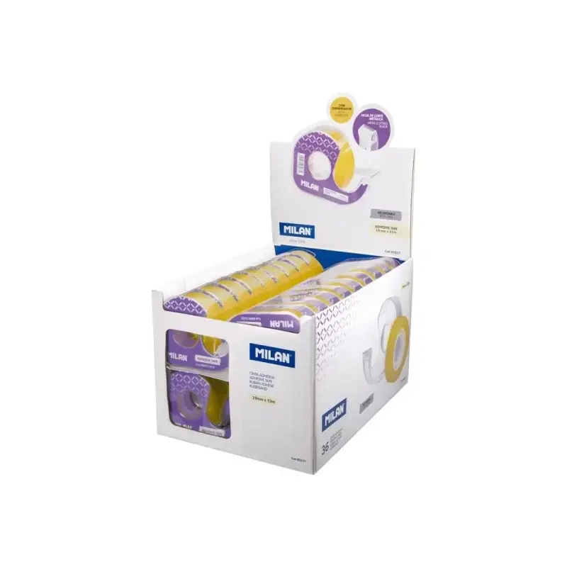 Milan Expositor de 36 Cintas Adhesivas Transparentes con Dispensador - Medidas 19mm x 33m - Color Amarillo Transparente | Ahorro