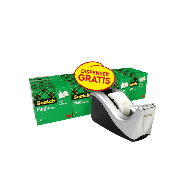 Scotch Magic Pack de 16 Cintas Adhesivas Invisibles 19mm x 33m + Dispensador Gratis - Color del Dispensador Negro/Gris | Ahorro