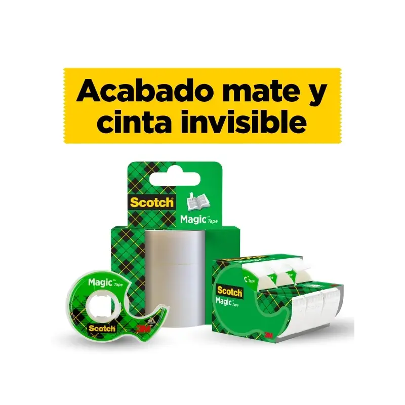 Scotch Magic Pack de 16 Cintas Adhesivas Invisibles 19mm x 33m + Dispensador Gratis - Color del Dispensador Negro/Gris | Ahorro