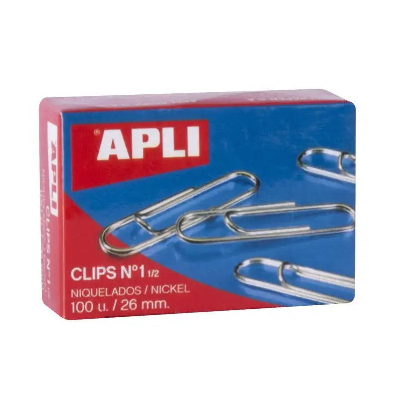 Apli Clips Alambre Nº 1½ (26mm) - Acabado Niquel Brillante - Alta Resistencia a la Oxidacion - Caja con 100 Clips | Ahorro Impri