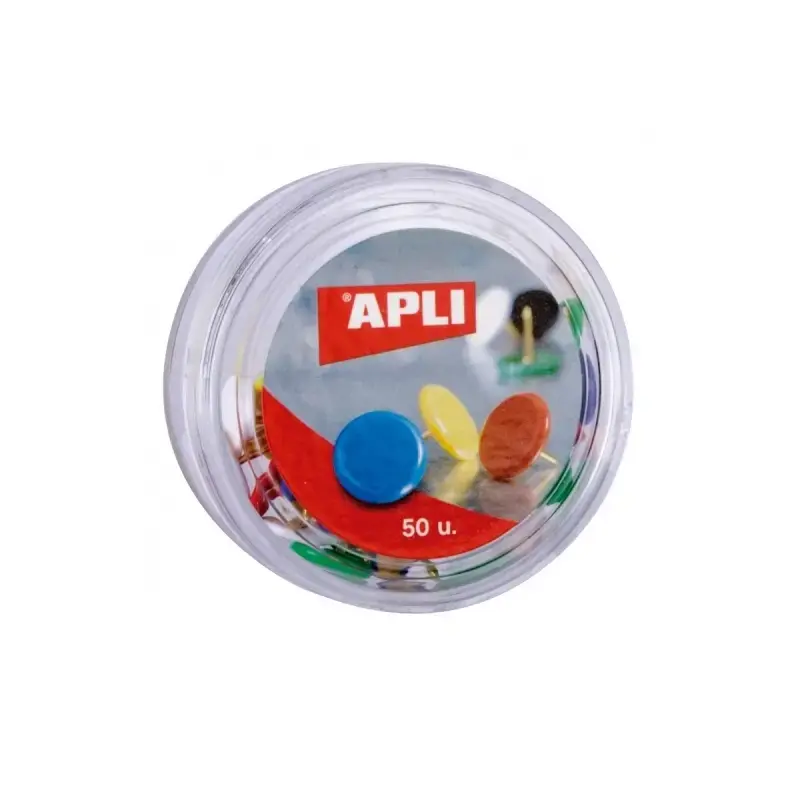 Apli Caja de 50 Chinchetas Niqueladas con Cabezal de Plastico - Cabeza Redondeada - Puntas Afiladas - Colores Surtidos | Ahorro