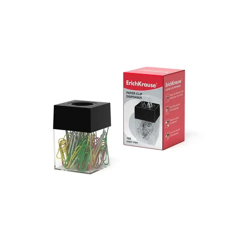 Erichkrause Dispensador Magnetico de Clips - Compacto y Elegante - Incluye 100 Clips de Colores - Color Transparente/Negro | Aho