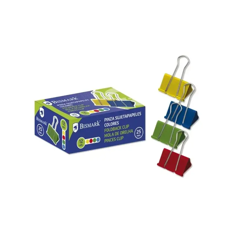 Bismark Pack de 12 Pinzas Sujetapapeles Metalicas de 25mm - Pala Abatible - Colores Surtidos | Ahorro Imprimiendo