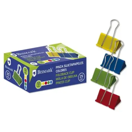 Bismark Pack de 12 Pinzas Sujetapapeles Metalicas de 25mm - Pala Abatible - Colores Surtidos | Ahorro Imprimiendo
