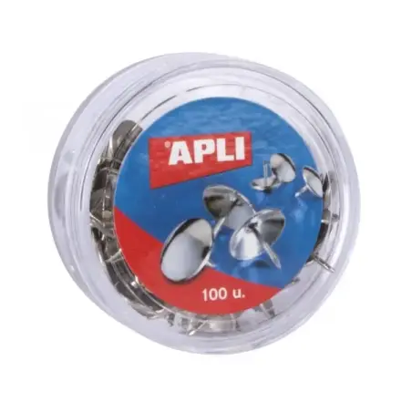 Apli Caja de 100 Chinchetas Niqueladas Ø 10mm - Cabeza Redondeada - Puntas Afiladas - Ideal para Corcho, Paredes, Tapicerias y M