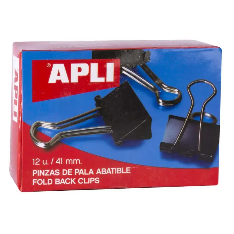 Apli Caja de 12 Pinzas Abatibles 20x41mm - Sujecion hasta 170 Hojas - Clips de Acero Templado en Negro - Asas en Niquel | Ahorro