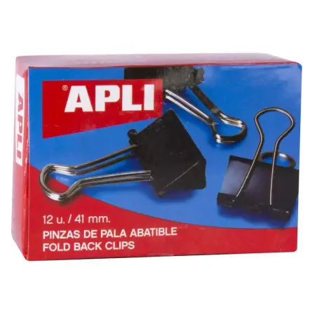 Apli Caja de 12 Pinzas Abatibles 20x41mm - Sujecion hasta 170 Hojas - Clips de Acero Templado en Negro - Asas en Niquel | Ahorro