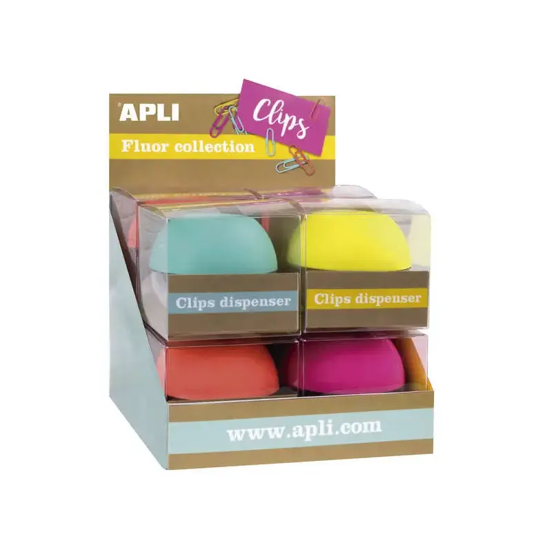 Apli Fluor Collection Expositor de Clips - Ø 70x60 mm - 8 Dispensadores en 4 Colores - Tapa Magnetica "Soft Touch" - Incluye 50