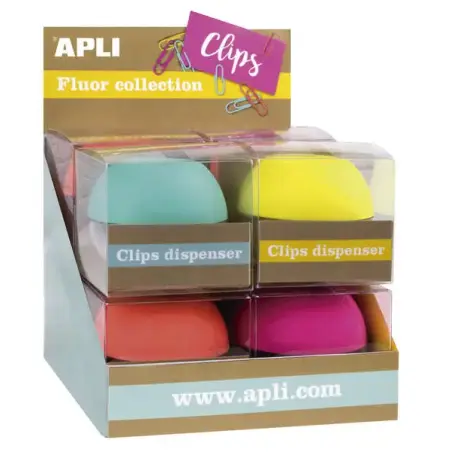 Apli Fluor Collection Expositor de Clips - Ø 70x60 mm - 8 Dispensadores en 4 Colores - Tapa Magnetica "Soft Touch" - Incluye 50