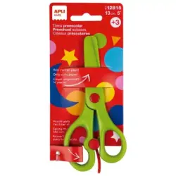 Apli Kids Tijera Preescolar Ergonomica 13cm - Muelle para Apertura Facil - Hojas de Plastico - Punta Redondeada - Ideal para Niñ
