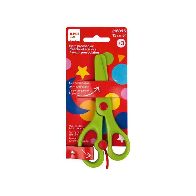 Apli Kids Tijera Preescolar Ergonomica 13cm - Muelle para Apertura Facil - Hojas de Plastico - Punta Redondeada - Ideal para Niñ