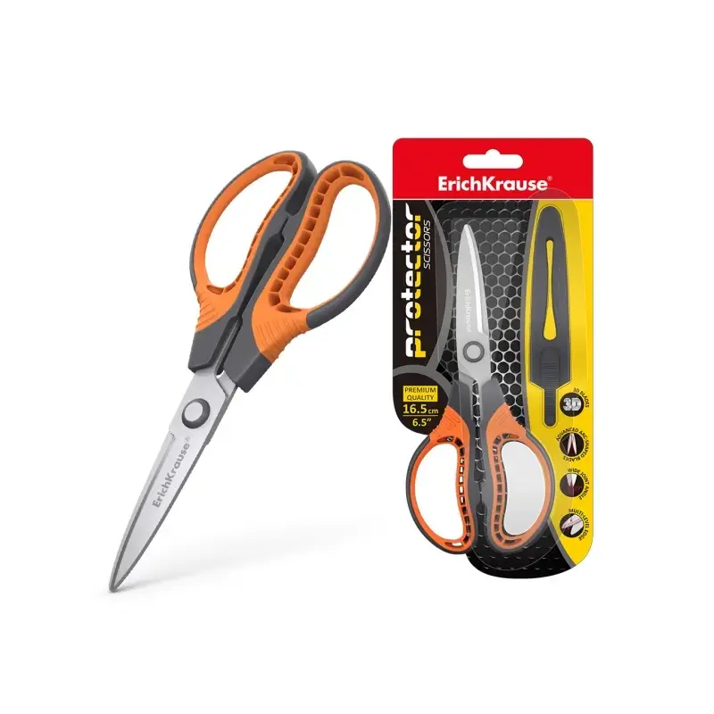 ErichKrause Protector Tijeras de Acero Inoxidable 16.5cm - Funda Protectora - Color Gris/Naranja | Ahorro Imprimiendo