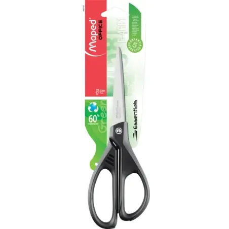 Maped Essentials Tijeras de Acero Inoxidable 21cm Asimetricas - Hojas Afiladas - Mangos 60% de Plastico Recicldo - Color Negro |