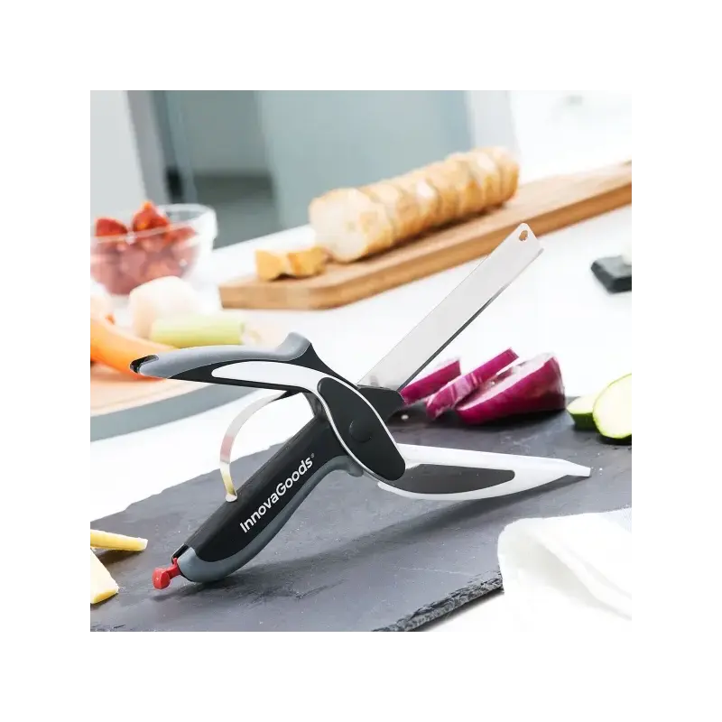 Innovagoods Cuchillo Tipo Tijera con Mini Tabla de Cortar Integrada - Mango Antideslizante - Multifuncion - Bloqueo de Seguridad