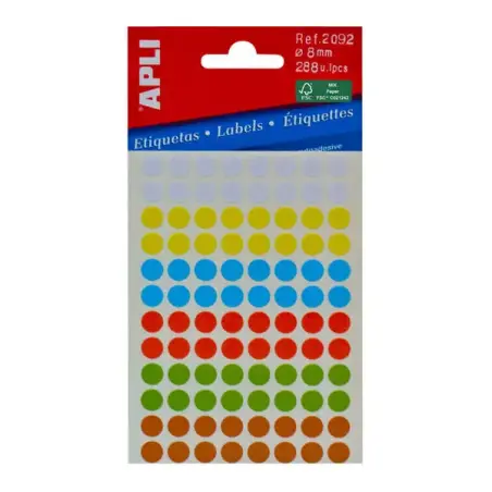 Apli Minibolsa de 288 Etiquetas Redondas Ø 8mm - 3 Hojas por 96 Etiquetas - Adhesivo Permanente - Colores Surtidos | Ahorro Impr