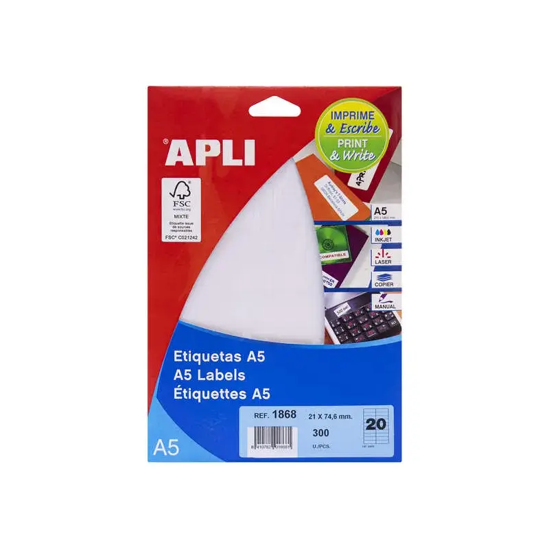 Apli Pack de 300 Etiquetas Rectangulares 21 x 74.6mm - Formato A5 - 15 Hojas por 20 Etiquetas - Adhesivo Permanente - Cantos Rec