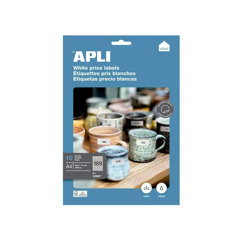 Apli Pack de 1.890 Etiquetas Rectangulares 25.4x10mm - 10 Hojas por 189 Etiquetas - Adhesivo Permanente - Cantos Romos - Aptas p